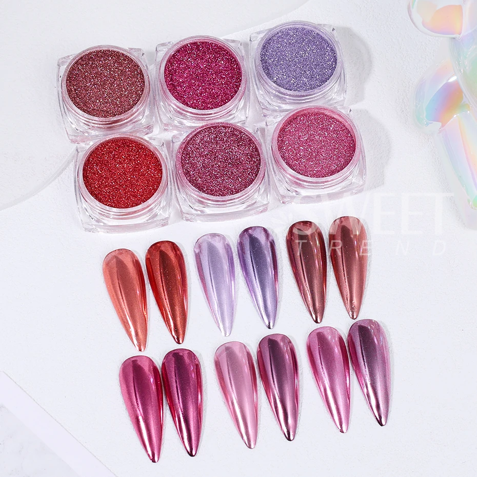 6pcs Nail Mirror Glitter Powder Colorful Dust Metal Effect Nail Glitter UV Gel Polish Chrome Flakes Dust DIY Manicure Decoration