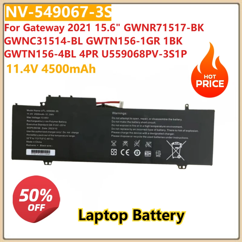 11.4V 4500mAh NV-549067-3S Laptop Battery For Gateway 2021 15.6
