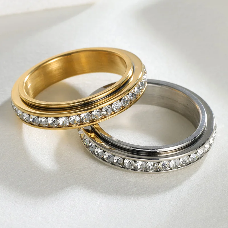 

4mm Stainless Steel Rotatable Wedding Ring for Women Girls Fashion Charm CZ Crystal Anniversary Jewelry Wholesale