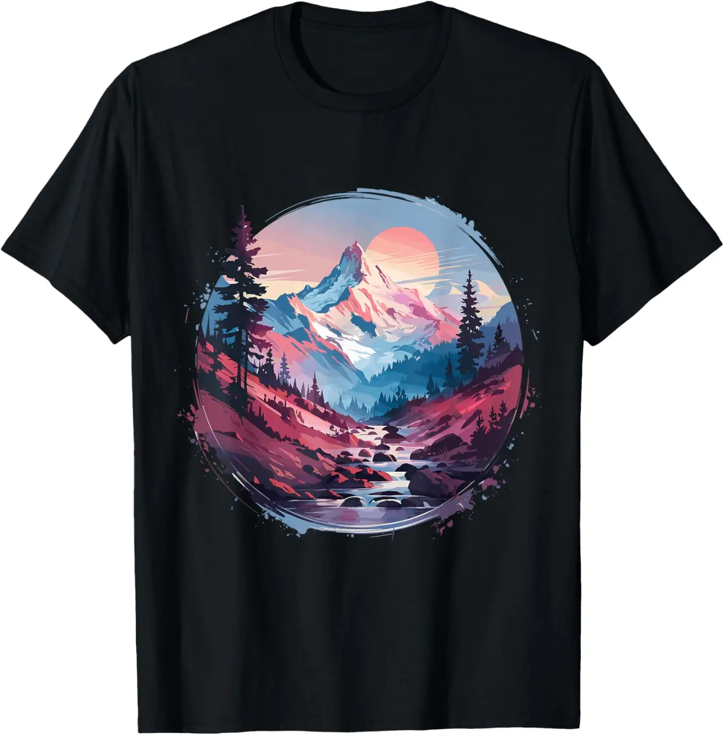 Mountain Hiking Nature Graphic Sunrise Funny Forest Outdoor T-Shirt 100% Cotton Trendy Y2K Short-Sleeve Tee – Soft, Quick-Drying, & Moisture-Wicking; Ideal for Sports or Casual Wear; Great Gift for Christmas or Halloween.