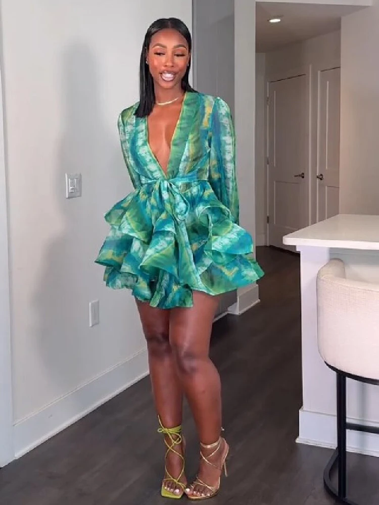 Green Print Wrap Mini Dress Long Sleeve Adjustable Tie Waist Multi Layer Ruffle Hem Sheer Skirt Women Party Date Holiday Outfit