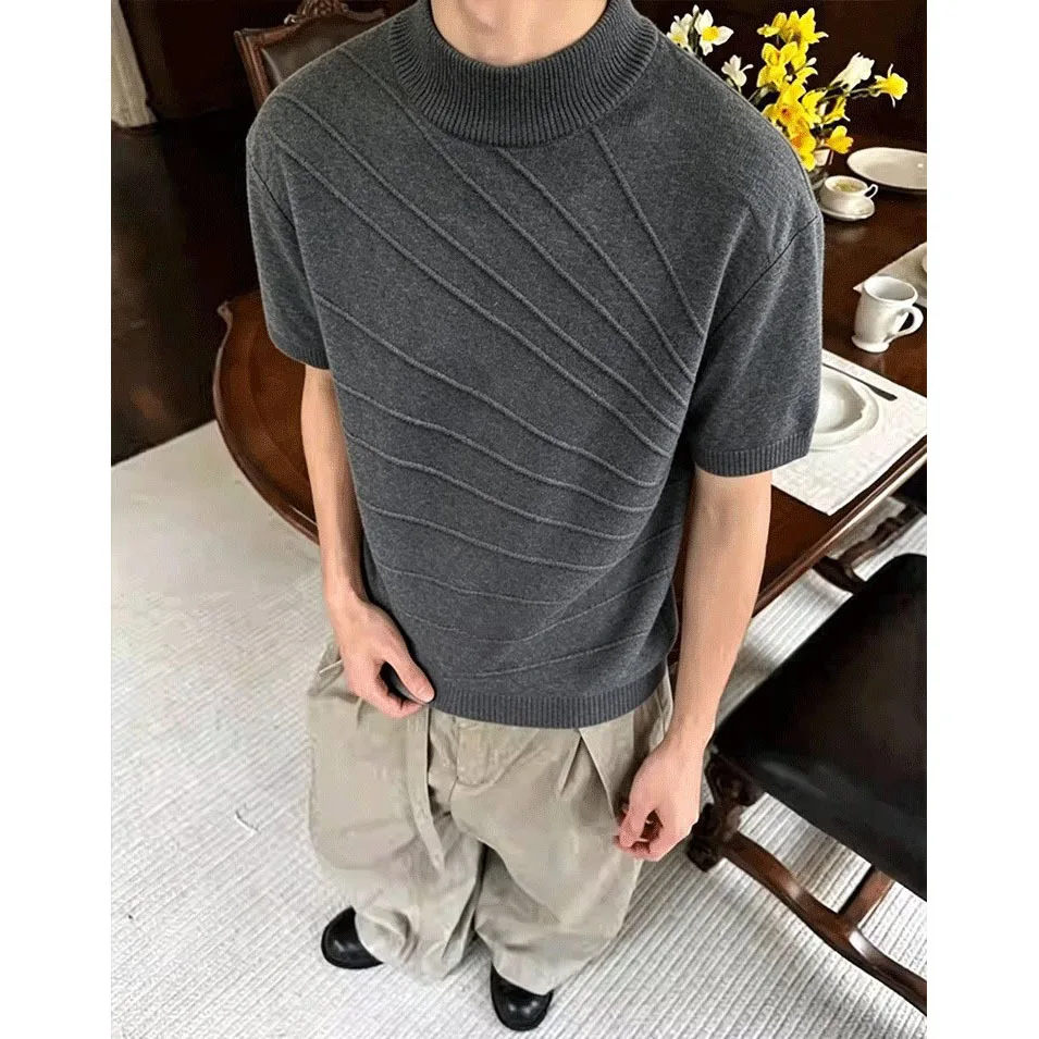 2026 Summer Men Sculptured Loose Thread Jacquard Knit T Shirt Breathable Mock Neck Short Sleeve Top Old Money Style Elegant Knit