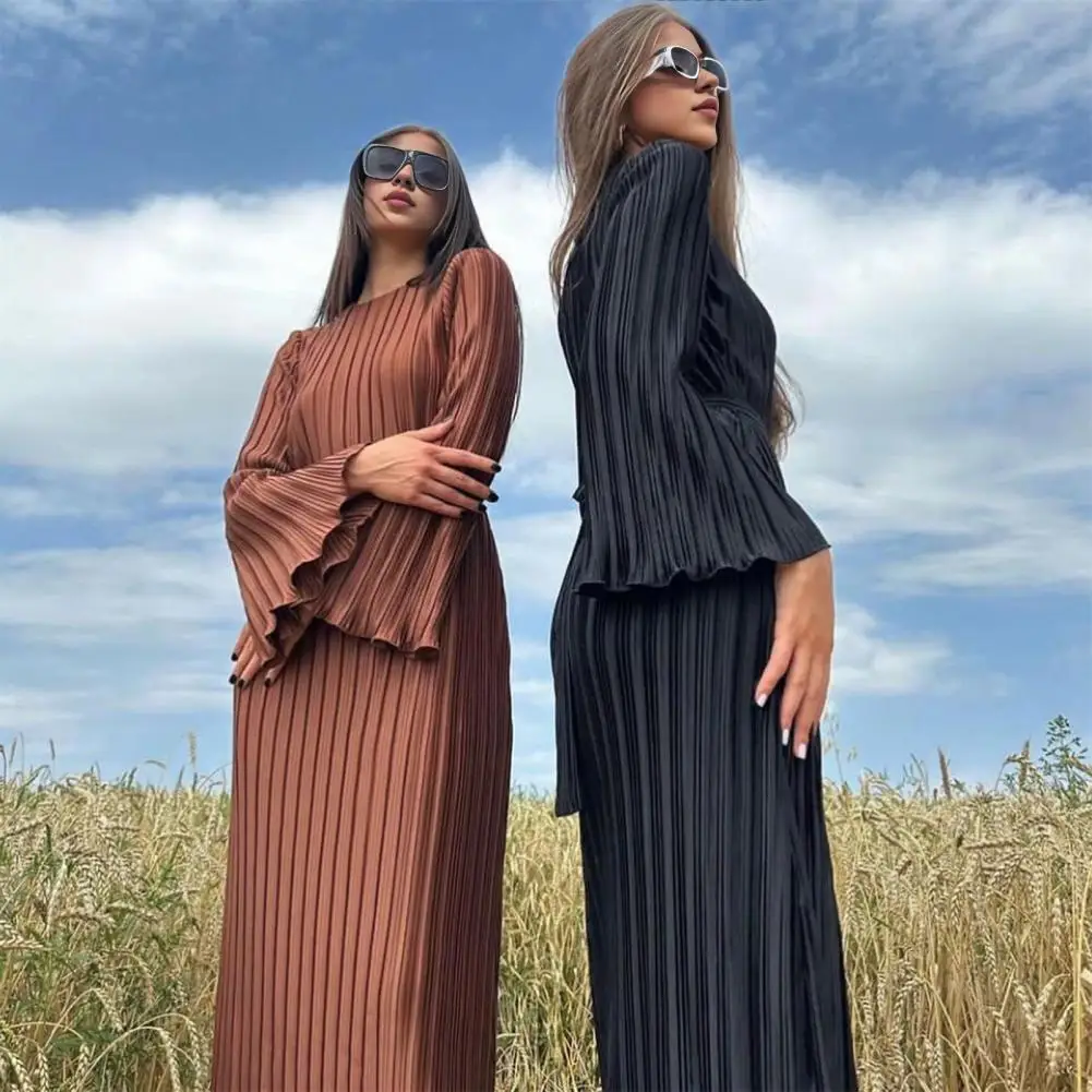 

Long Dress Elegant Striped Bell Sleeves Maxi Dress with Lace-up Detail for Women Autumn Spring Prom Party Dress with Shirring