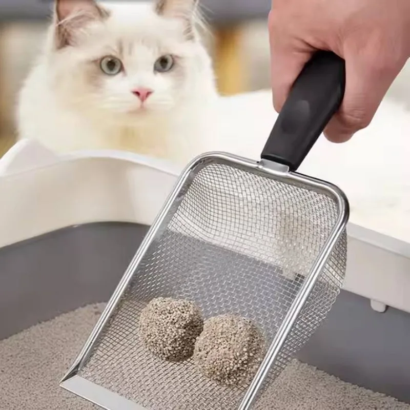 Long Handle Stainless Steel Mesh Cat Litter Scoop Deep Shovel Scooper for Litter Box Efficient Kitten Poop Lifter Cleaning Tool