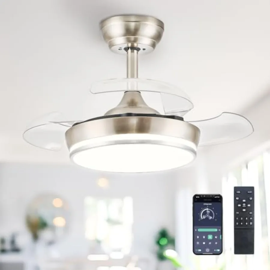 

30" Retractable Ceiling Fans with Lights, Dimmable LED Ceiling Fan Remote Control, Modern Small Fan Light for Bedroom Living Ro