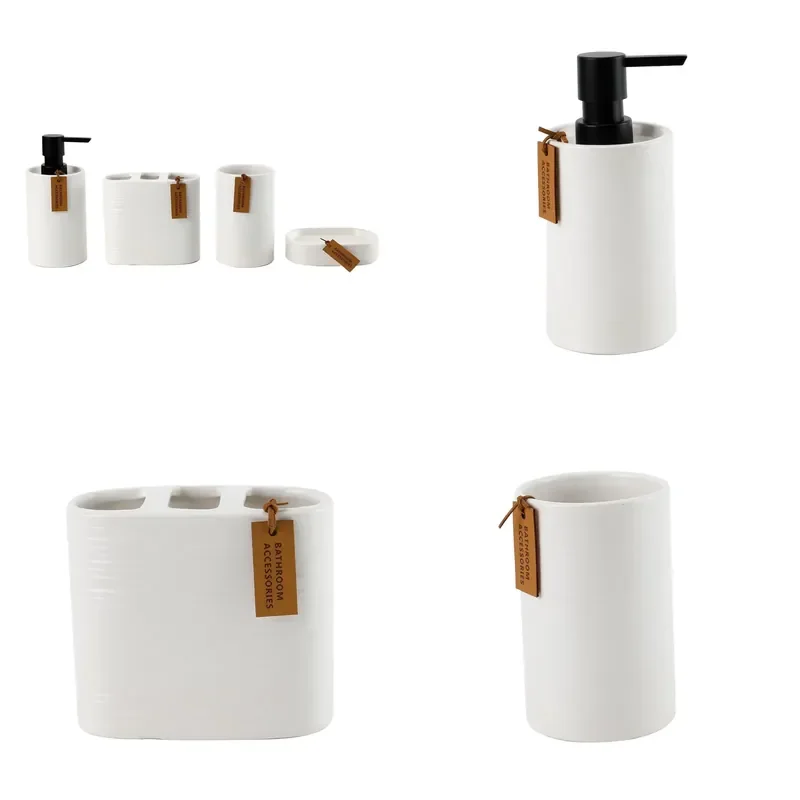 Modern Classic Four Piece Ceramic Bathroom Accessory Set with Soap Dispenser Toothbrush Holder and Water Cup for Home Decor
