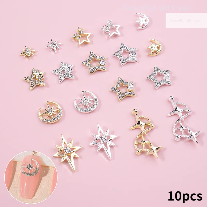 

10pcs 3D Metal Hollow Pentagram Stars Crystal Nail Charms Five-Pointed Star Rhinestones Nails Art Decorations Jewelry Manicure