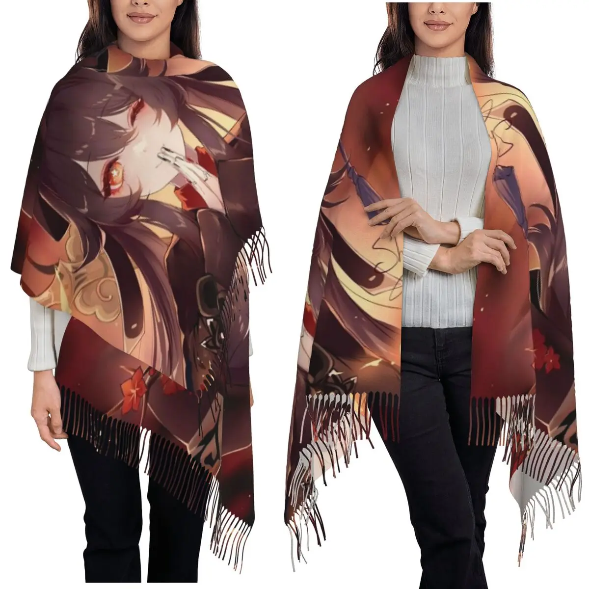 Genshin Impact Bufanda Bufandas con borlas para mujer Chales y chales suaves y cálidos Chal grande para otoño e invierno