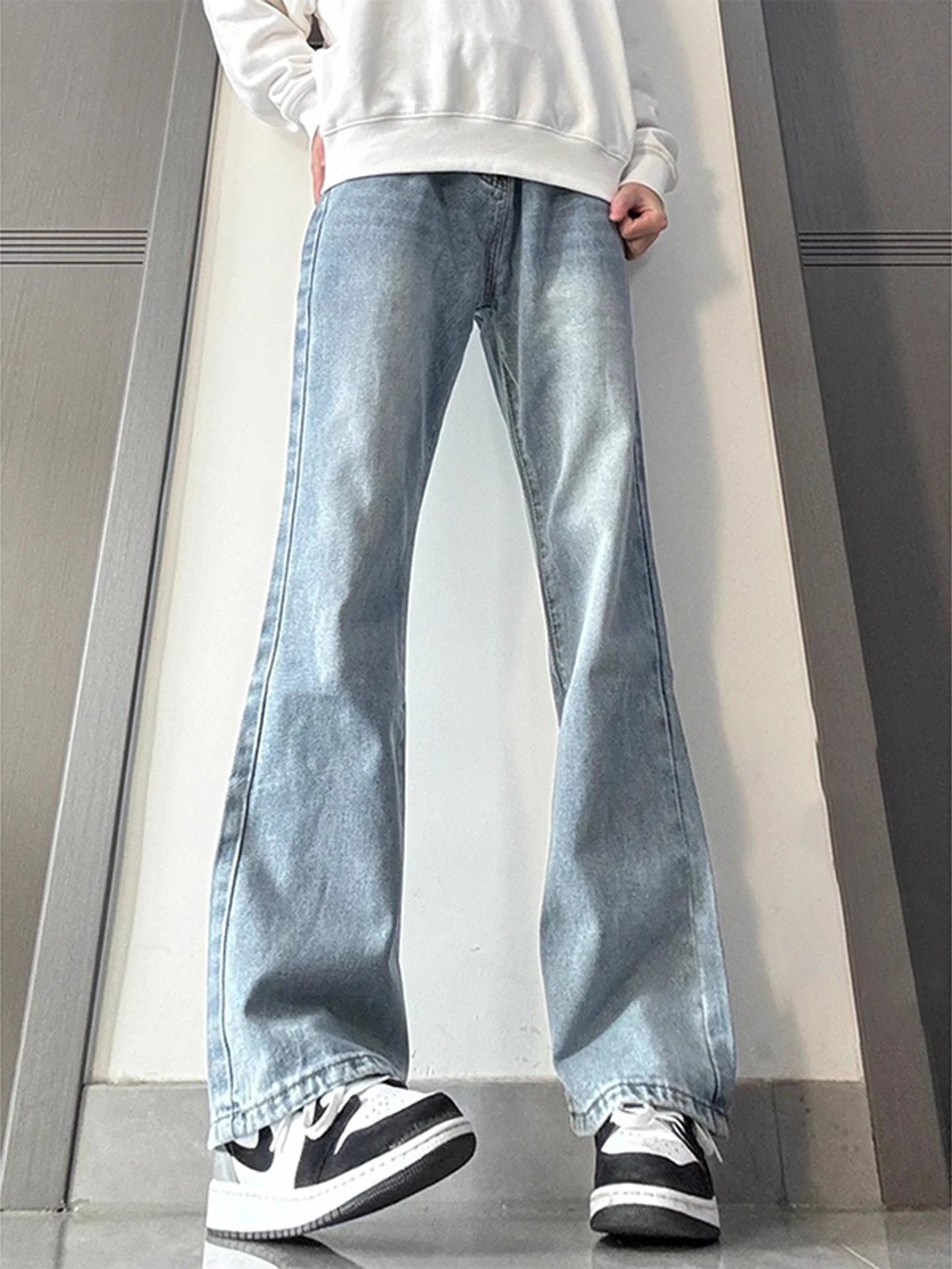 

Retro Blue Thiened Fce Lined Straight Leg Men's Jeans Knife Design Casual Straight Cut Trousers for Teens And Youth