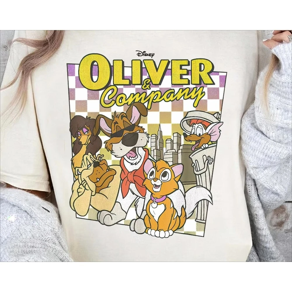 Camiseta de la empresa Oliver de Disney, camiseta Vintage de Oliver & Company para mujer, camiseta de tablero de ajedrez de la empresa Oliver, viaje familiar Magic Kingdom
