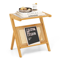 Side Table bamboo coffee table with rattan magazine holder, Z-shaped living room table with tempered glass plate