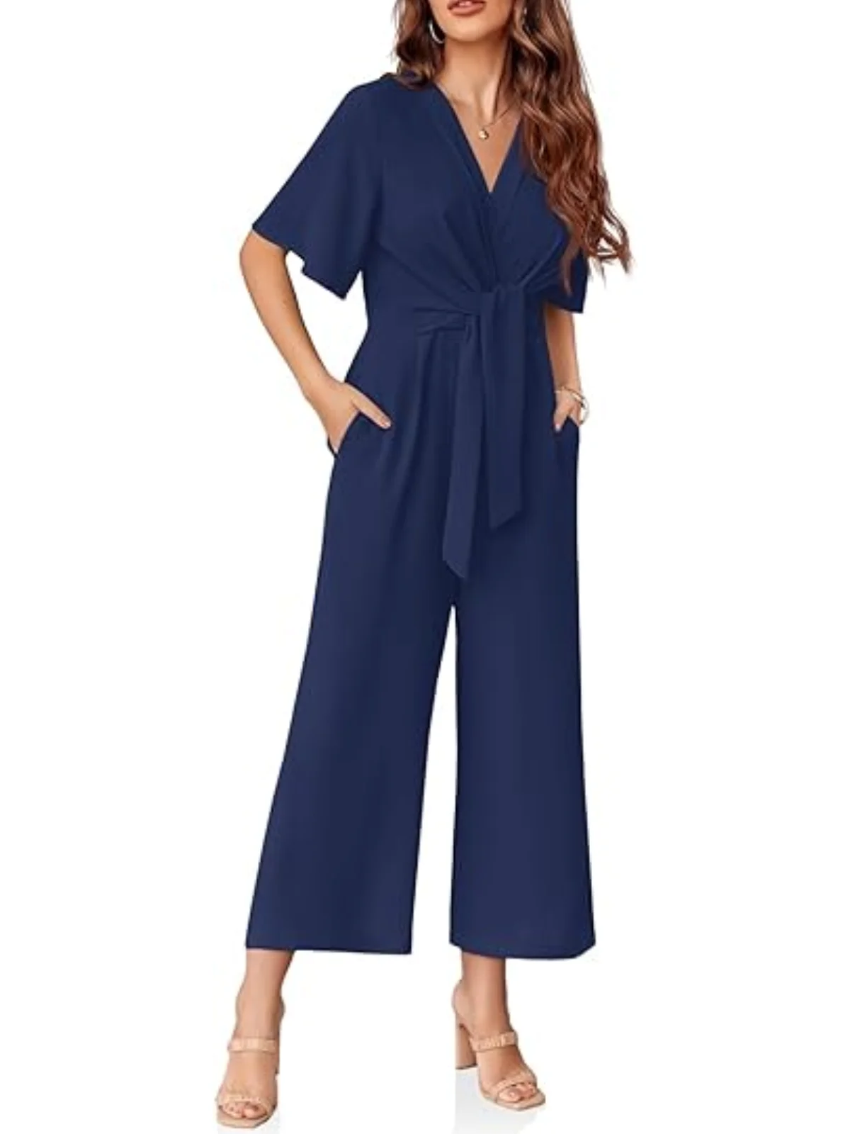 Women\'s Wide Leg Jumpsuits Summer Elegant Sweet Solid Loose V-neck Flared Short Sleeved Straight Pants Tie Knot Front Romper