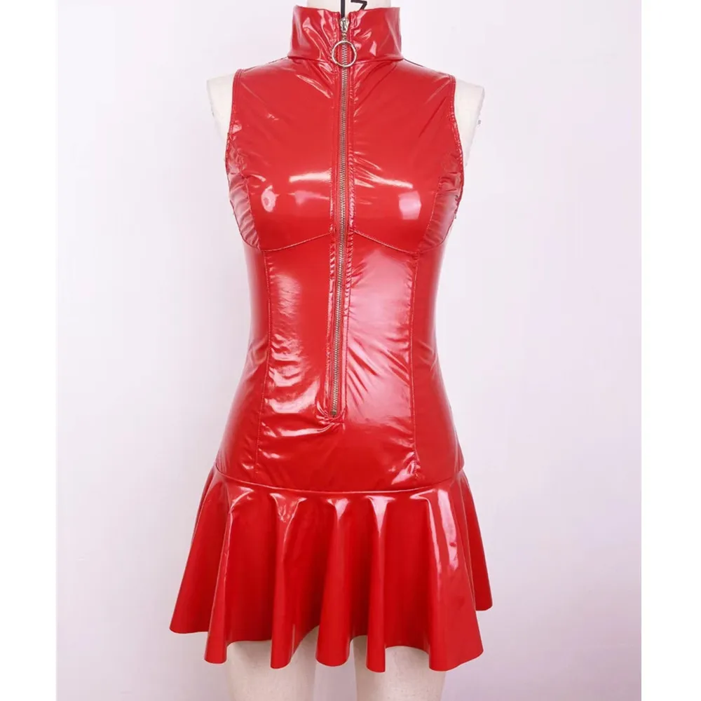 Plus Size Women Sexy Glossy Leather Dress Sleeveless Shiny Latex Pleated Short Skirt Hot Porn Zipper Open Breast Exposing