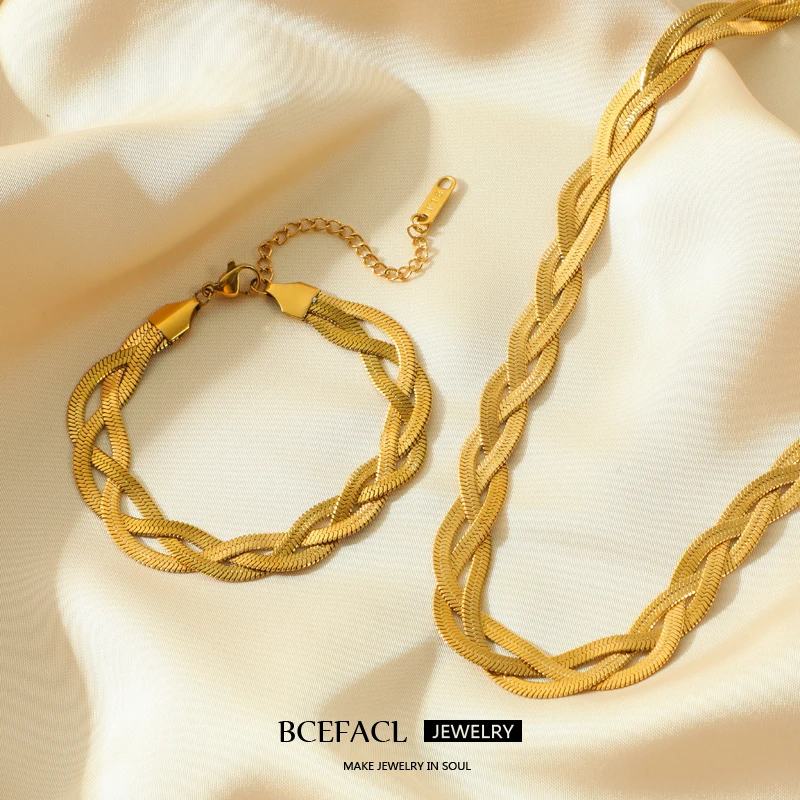 BCEFACL 316L Stainless Steel Gold Color Crossover Necklace Bracelet For Women New Waterproof Chain Jewelry Set Gift Bijoux