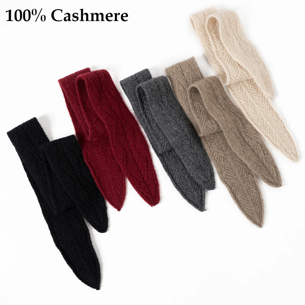 Women's Luxury 100% Cashmere Knitted Narrow Scarf Fashion Y2K Solid Color Small Scarf Autumn Winter Warm Cashmere Accessories