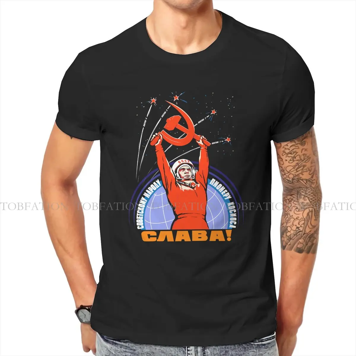 Soviet Propaganda Yuri Gagarin  Man's TShirt Russian USSR CCCP O Neck Short Sleeve Cotton T Shirt Top Quality Birthday Gifts