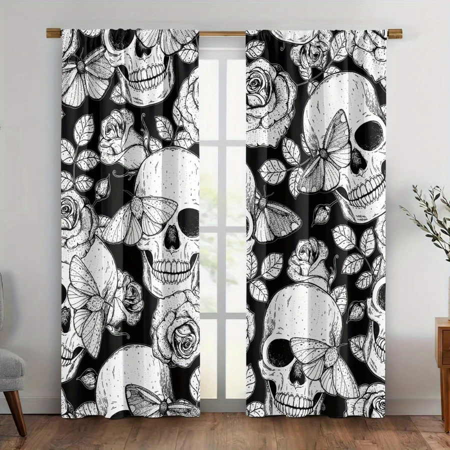 2PCS Digital Printed Curtains, Ghost Pumpkin Skull Pattern, Halloween Style Rod Pocket Drapes for Bedroom Living Room Decor