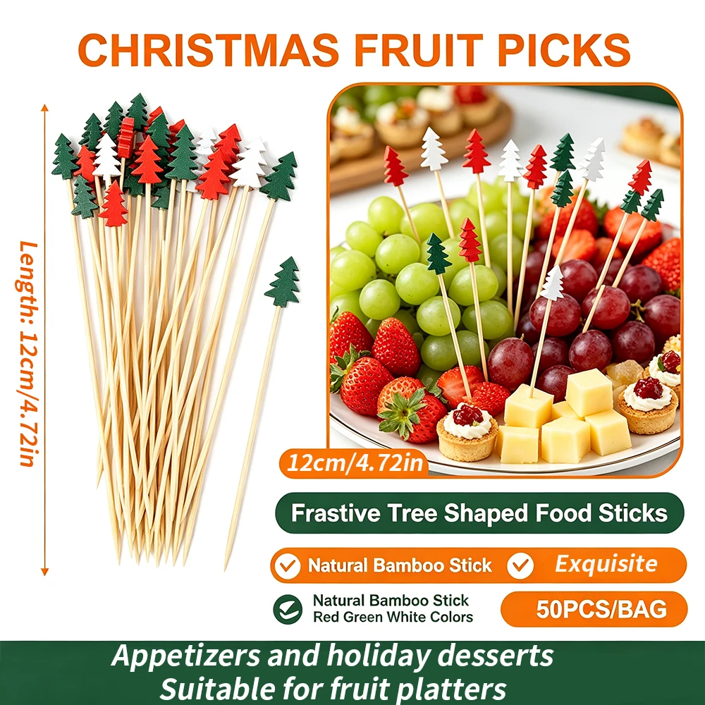 300/150/50PCS Christmas Tree Fruit Picks, 12cm Bamboo Cocktail Picks, Decorative Toothpicks for Xmas Party, Holiday Food Garnish for Fruit Platter, Dessert, Drinks