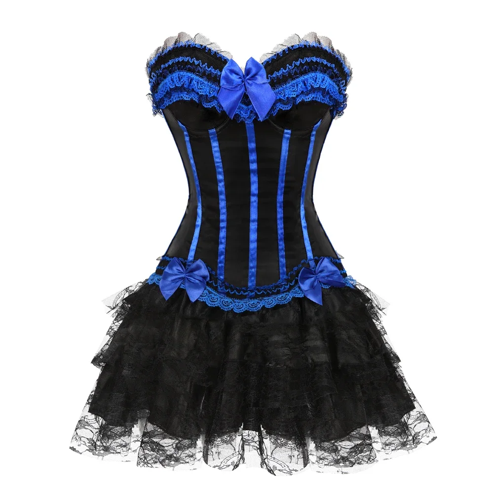 Victorian Sexy Satin Lace Bow Trim Overbust Corset Top Women Bustier Lingerie With Mini Pleated Skirt Set Plus Size S-6XL