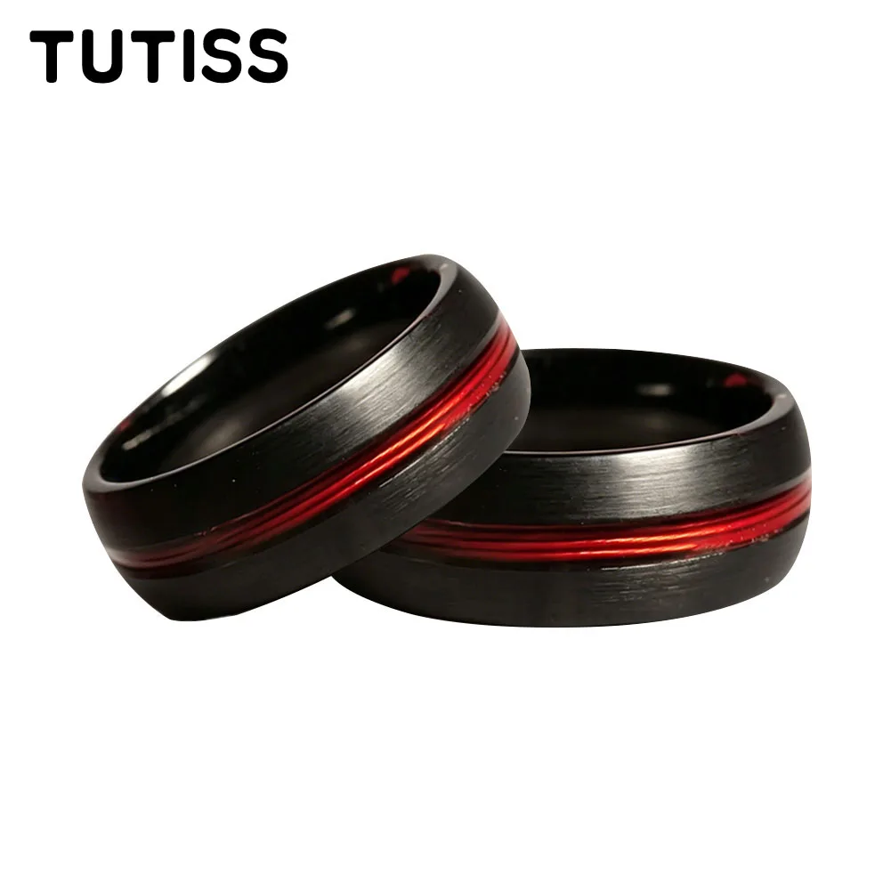 

New 6mm 8mm Black Dome Brushed Middle Groove Embedded With Red Fishing Line Men's Wedding Band Ring，Personalized Promise Ring
