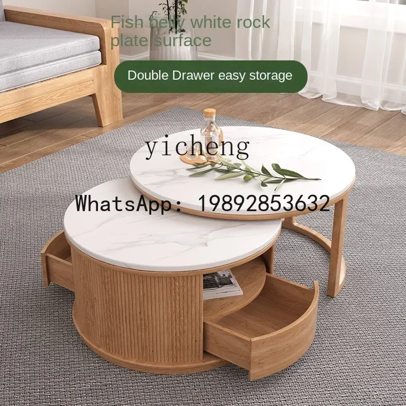LYY Solid Wood Stone Plate round Coffee Table Size Combination Retractable Push-Pull Side Table Storage