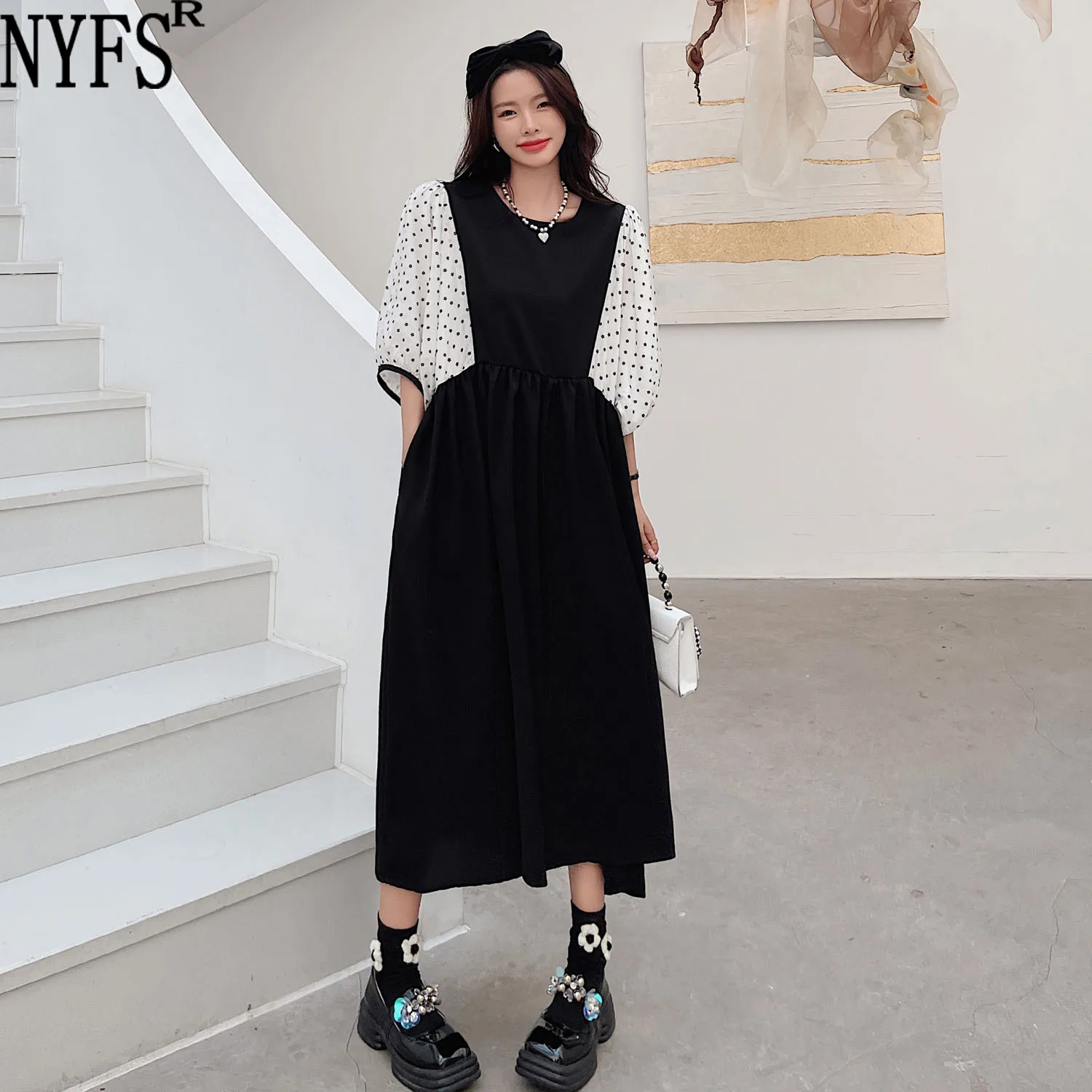 NYFS 2024 New Summer Korea Woman Dress Vestidos Robe Elbise Loose Plus Size Polyester Patchwork Short Sleeve Long Dress