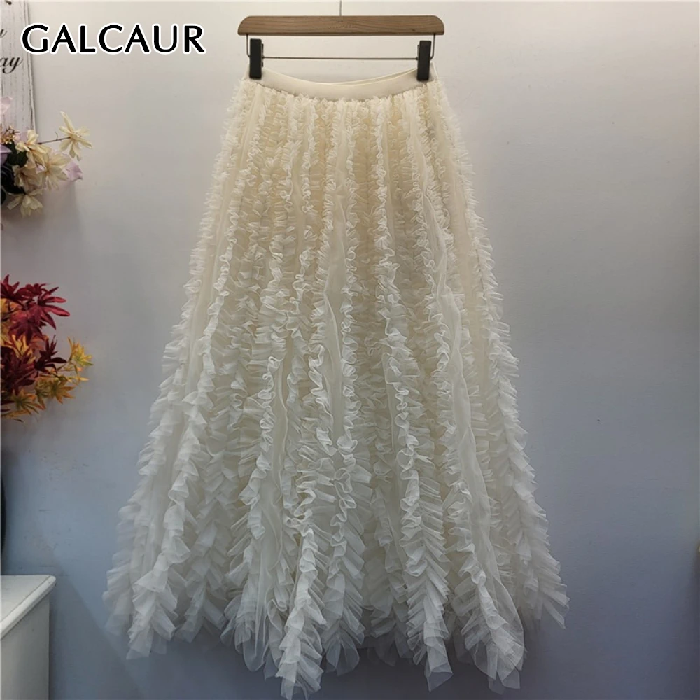 

GALCAUR Solid Spliced Fungus Basics Skirt Female High Waist Loose Sweet Design Women's Tiered Skirts Autumn Fashion Style New