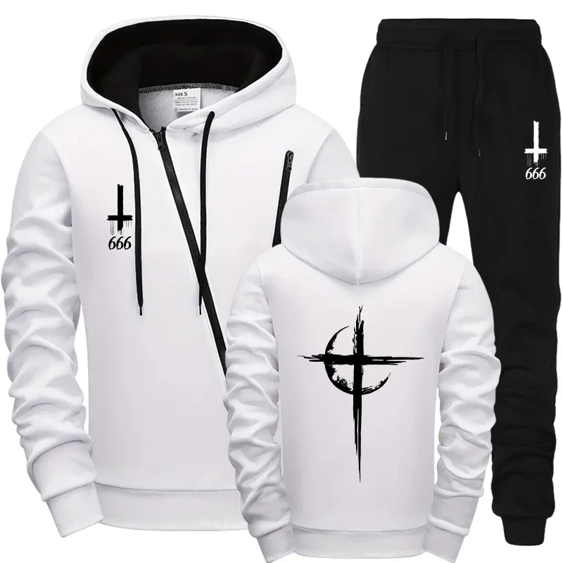 2026 Satan Cross Style Mens Tracksuit Diagonal Zipper Hoodie and Sweatpants Motorcycle Riding Outfit Urban Sweatshirt Streetwear
