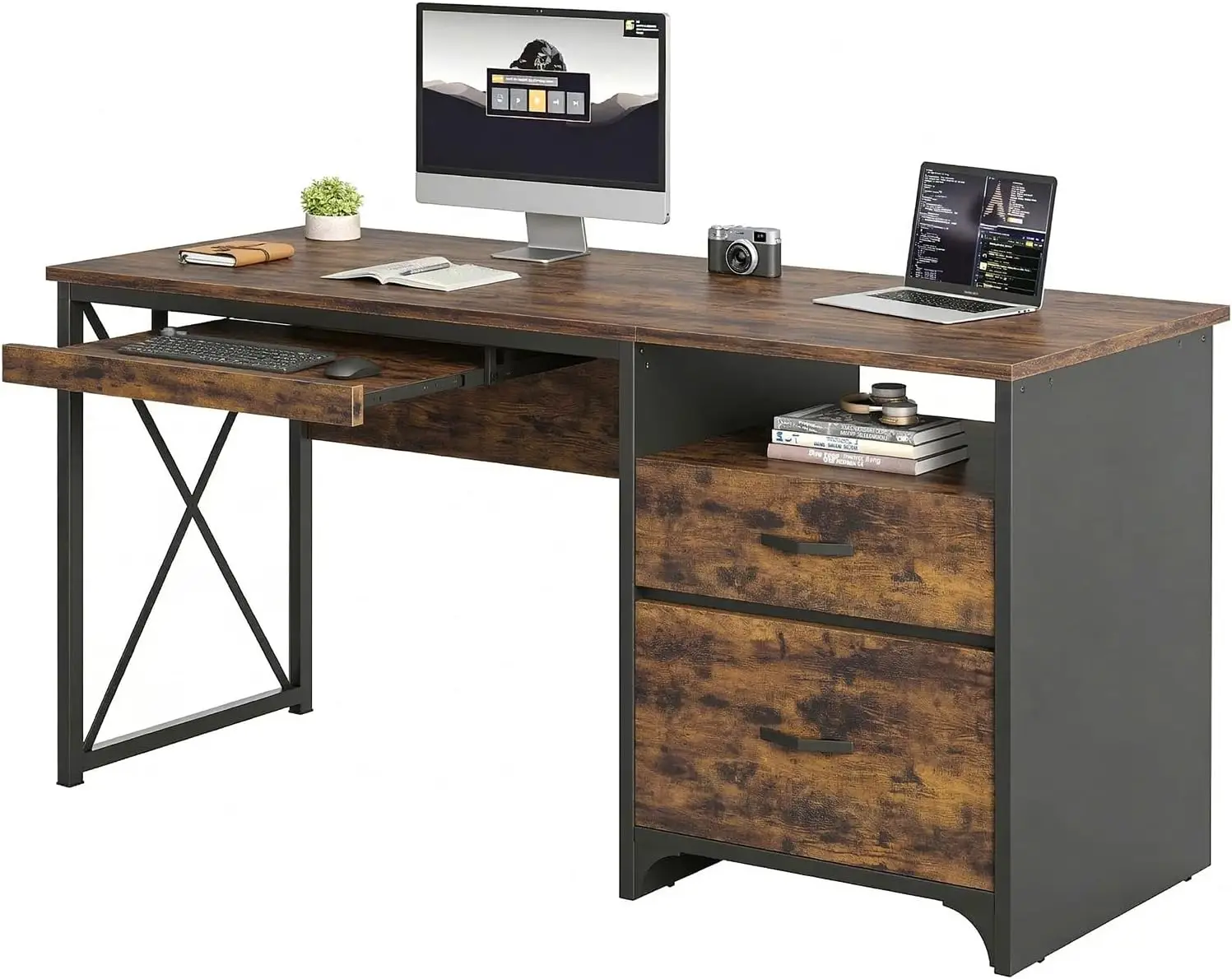 Office Desk with Drawers, 55 inch Industrial Computer Storage, Wood Teacher Keyboard Tray & File for Home, Rustic Brown