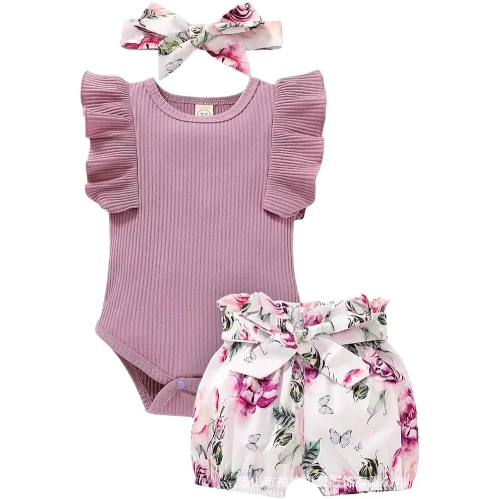 

Summer new baby clothing fungus sleeveless jumpsuit Ha Yi bow belt shorts children's clothing baby girl outfit set 0-12Months