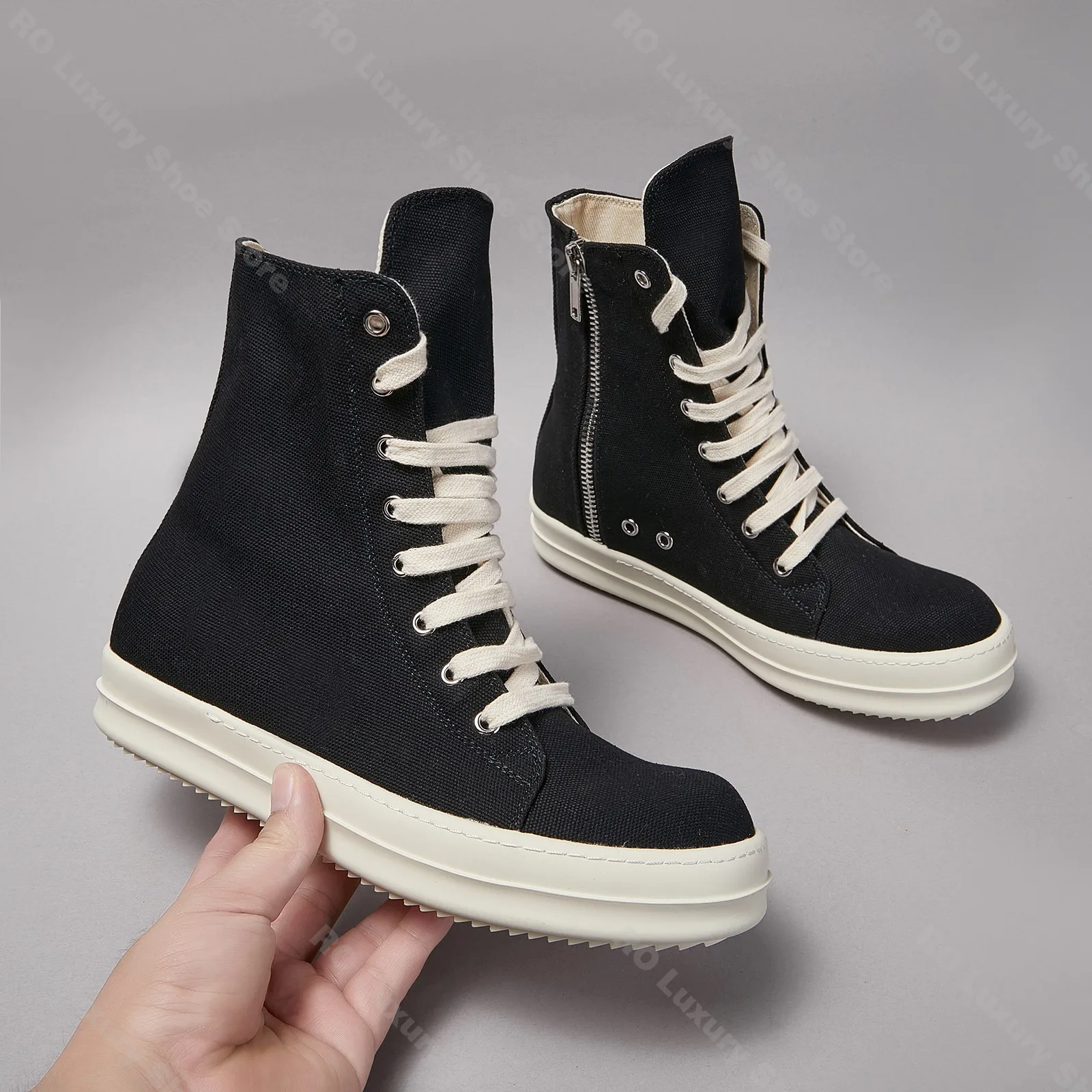 

Brand Women Sneaker Casual High Top Men Shoe Black Ankle Boot Designer Zipper&Lace Up Canvas Boot Thick Sole Flat Shoe