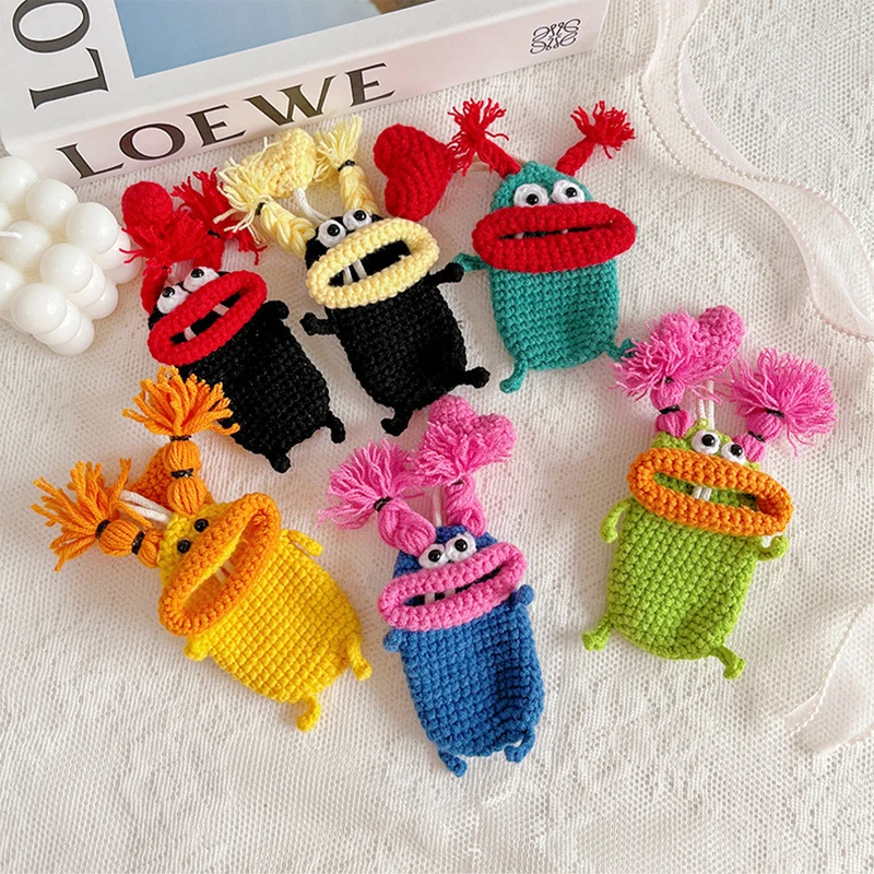 سلسلة مفاتيح على شكل فم سجق كروشيه مصنوعة يدويًا، غطاء مفتاح فم السجق الكرتوني الرائع، حامل سماعة أذن من الصوف الكرتوني اللطيف #3