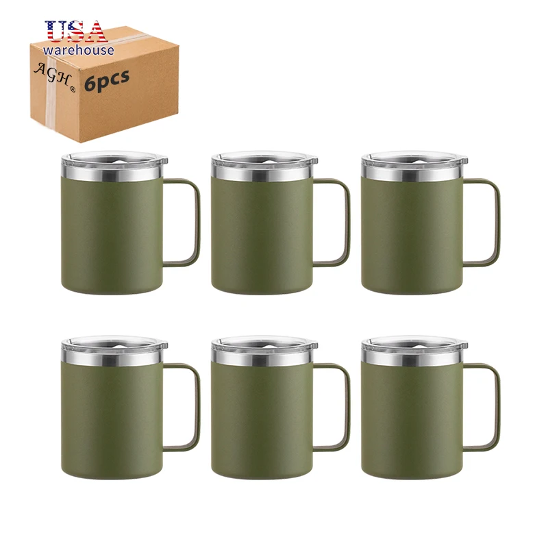 

6pcs Pack 12oz Powder Coated Army Green Stainless Steel Double Wall Insulated Coffee Mug Office Cup with Handle Hu