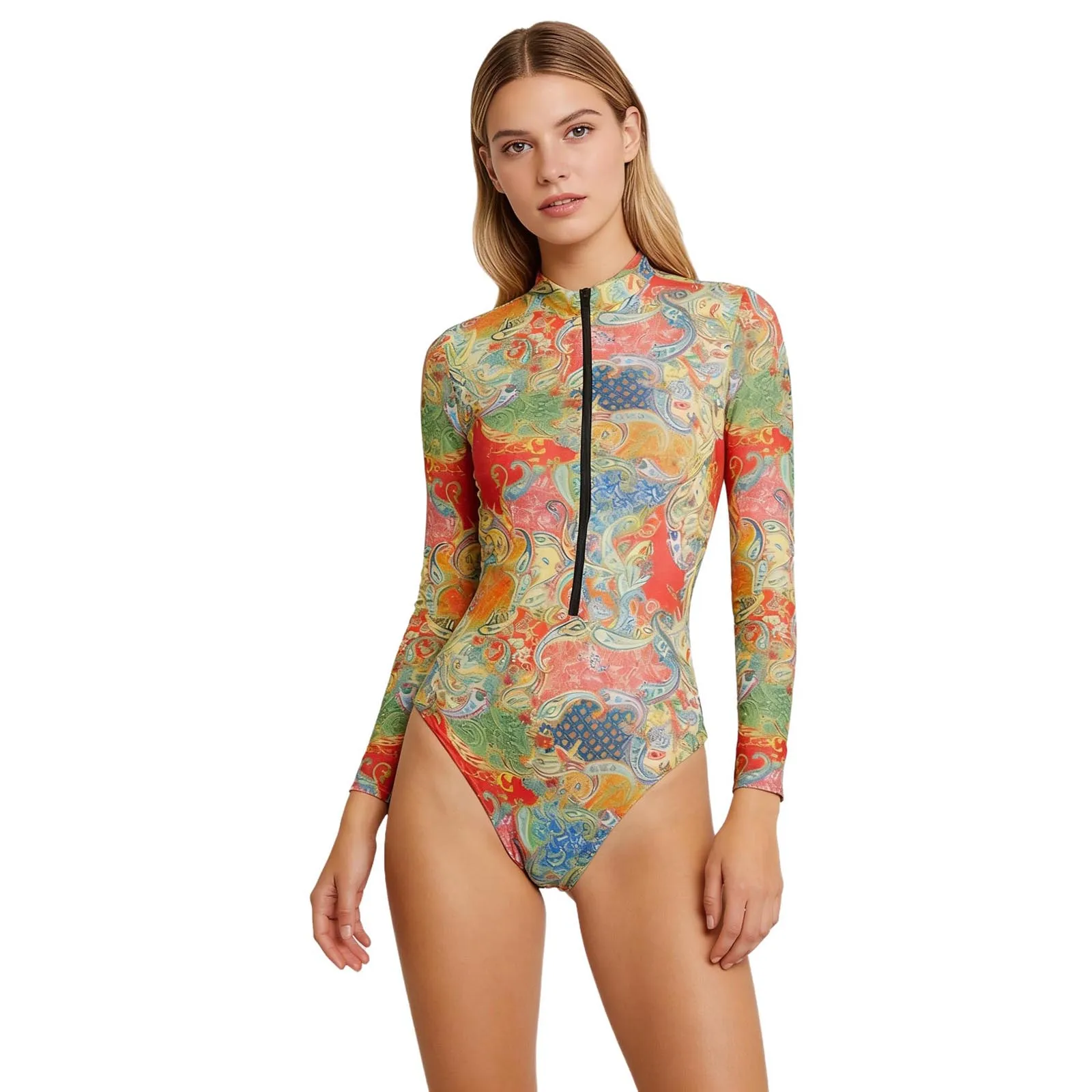 

Women UV Protection Long Sleeve One Piece Swimsuit Mock Neck Zipper Front Printed Sun Protective Bathing Suit for Beach Surfing