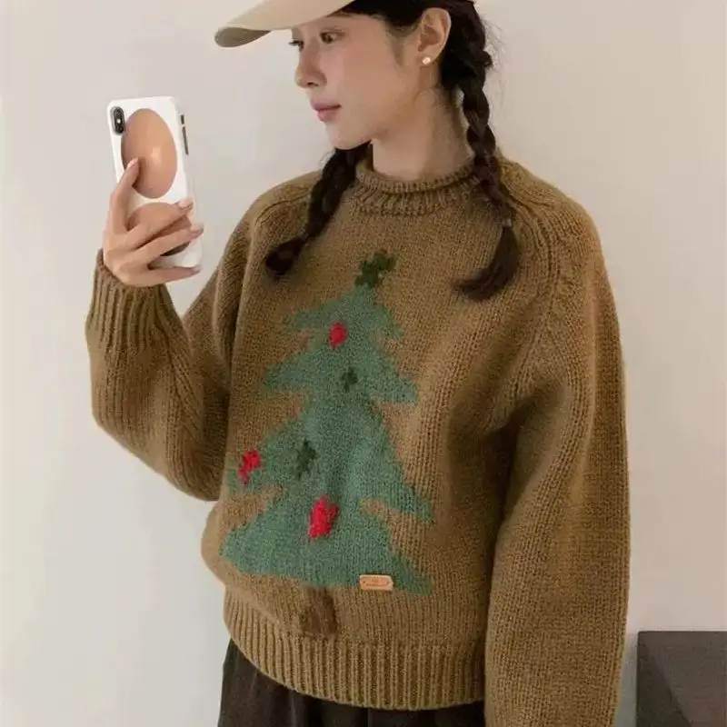 

Pullovers Sweater Christmas Tree Women Sweet Jacquard O-Neck Loose Leisure Warm Autumn Knitwear Vintage New Fashion Design Tops