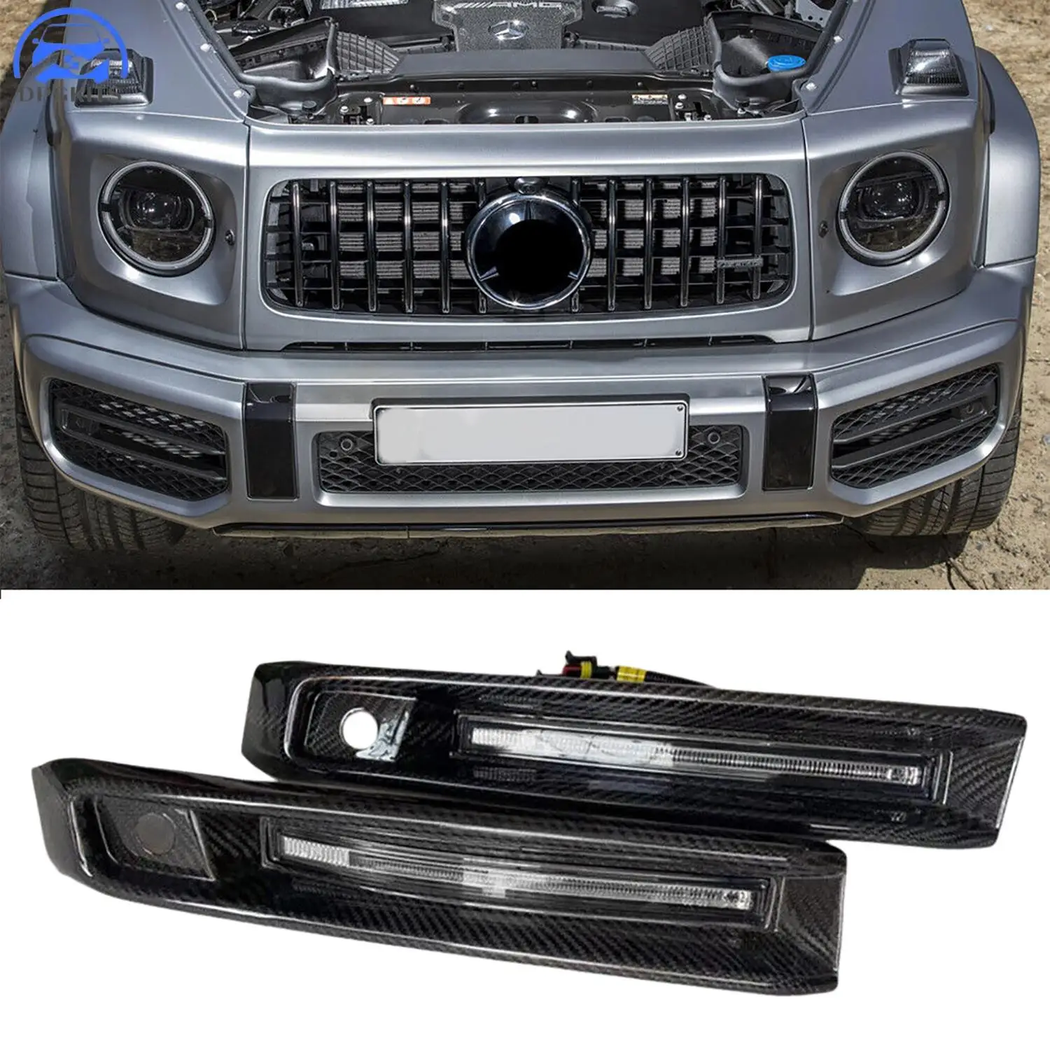 

DPGKITS 1 комплект, крышка переднего бампера из углеродного волокна, светодиодная подсветка, украшение для Mercedes Benz W463A W464 G63 AMG 2019-2023, автомобильные аксессуары