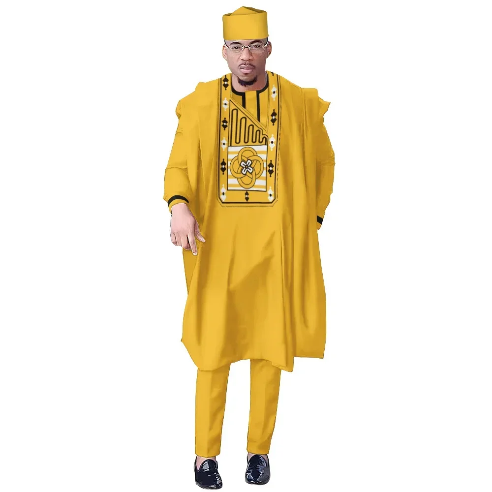 Traditional Boubou Shirt Pants with Hat 4 PCS Set Wedding Party Clothes African Bazin Riche Outfits Ankara Dashiki Men Agbada