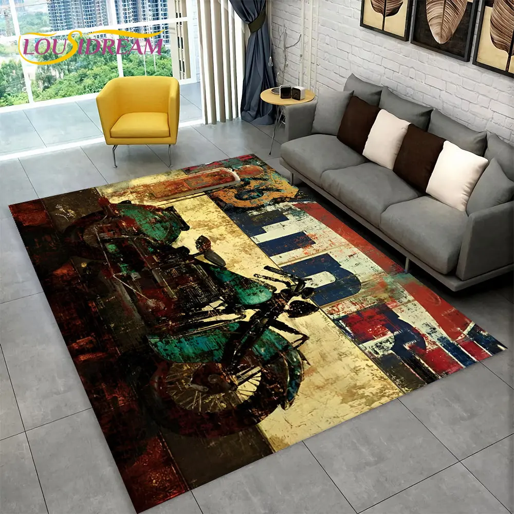 Retro Vintage Motorcycle Skull Area Rug,Carpet Rug for Living Room Bedroom Sofa Doormat Kitchen Decor,Child Non-slip Floor Mat