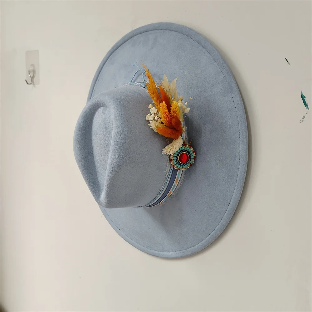9.5CM Wide Brim Suede Hat for Men and Women Autumn and Winter Retro Fedora Hat Fashion Dried Flower Accessories Hat Wedding Hat