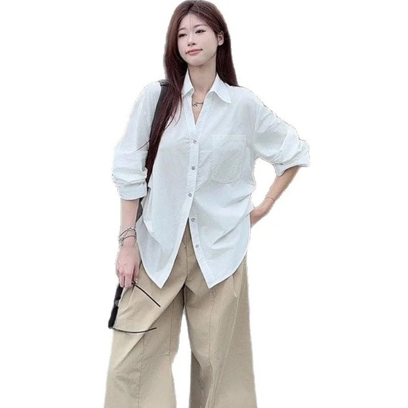 

Women's White Shirts Autumn Loose Collar White Long Sleeve Shirt Korean Style Niche Lazy Relaxed Fit Cardigan Top