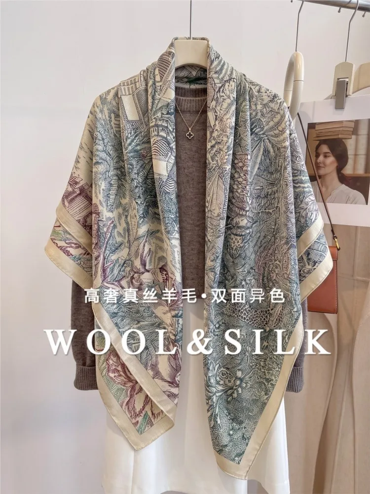 Green silk and wool scarf shawl double-sided differently colored air-conditioned room large square