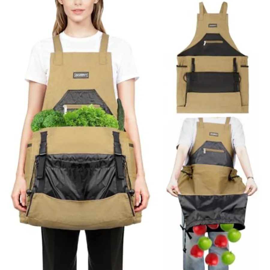 

Garden Apron, Harvest Aprons with Drawstring Bag and Pockets for Women and Men, Canvas Fruit Picking Apron