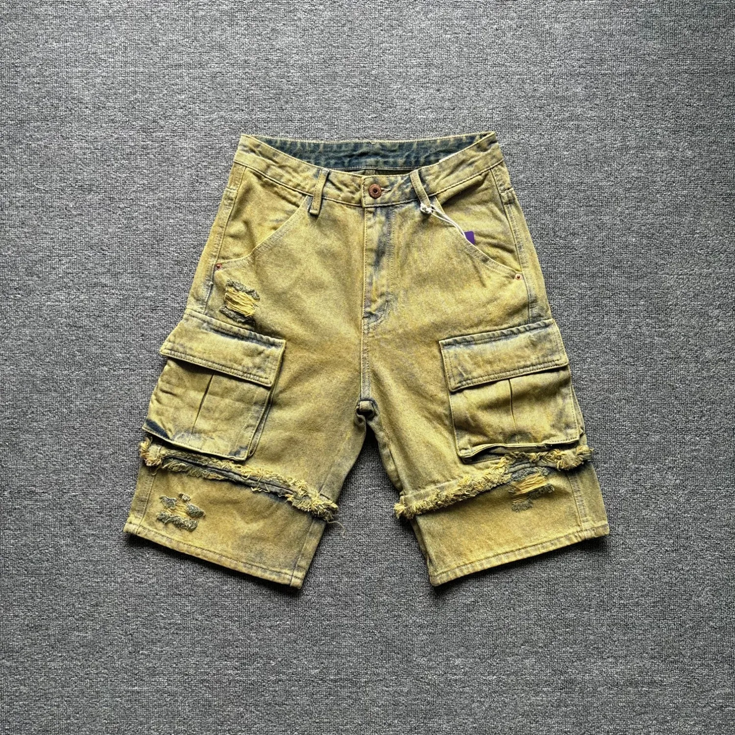 Yellow mud distressed multi-pocket cargo shorts men's retro raw edge destroyed washed loose straight pants