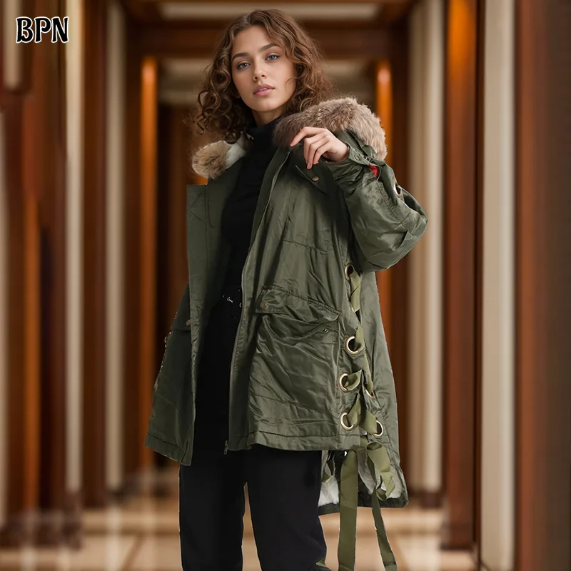 BPN Streetwear Armygreen Parkas For Women Hooded Long Sleeve Patchwork Pockets Casual Loose Winter Coats Female Fashion Clothing