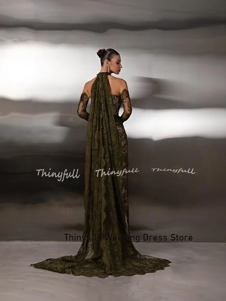 Thinyfull Sirena Arabo Abiti da ballo in pizzo Halter Maniche staccabili Abito da sera Abito lungo formale robes de soirée Personalizzato