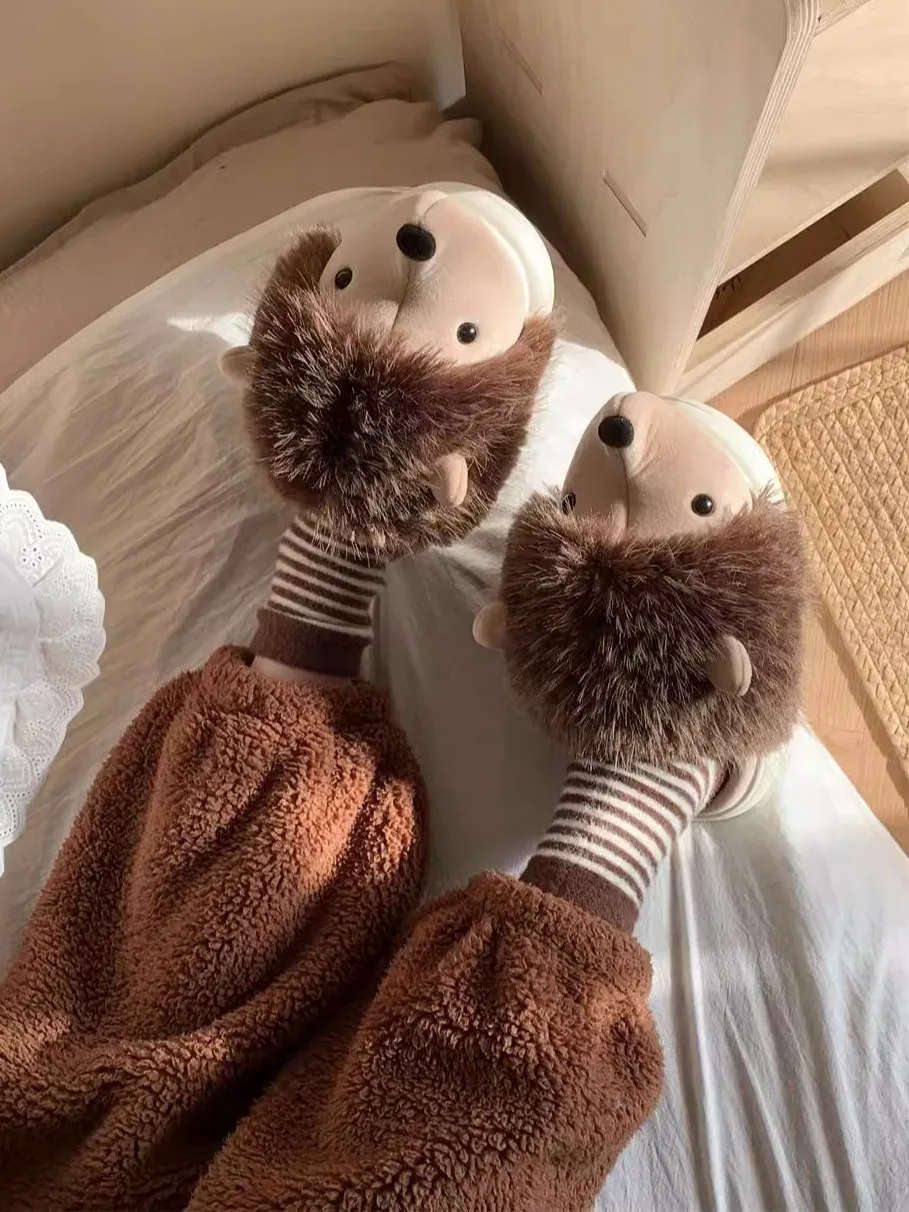 Hedgehog Cotton Slippers For Women Man Home Slippers Fashionable And Casual Winter Cute Indoor Household Slippers Fur Shoes