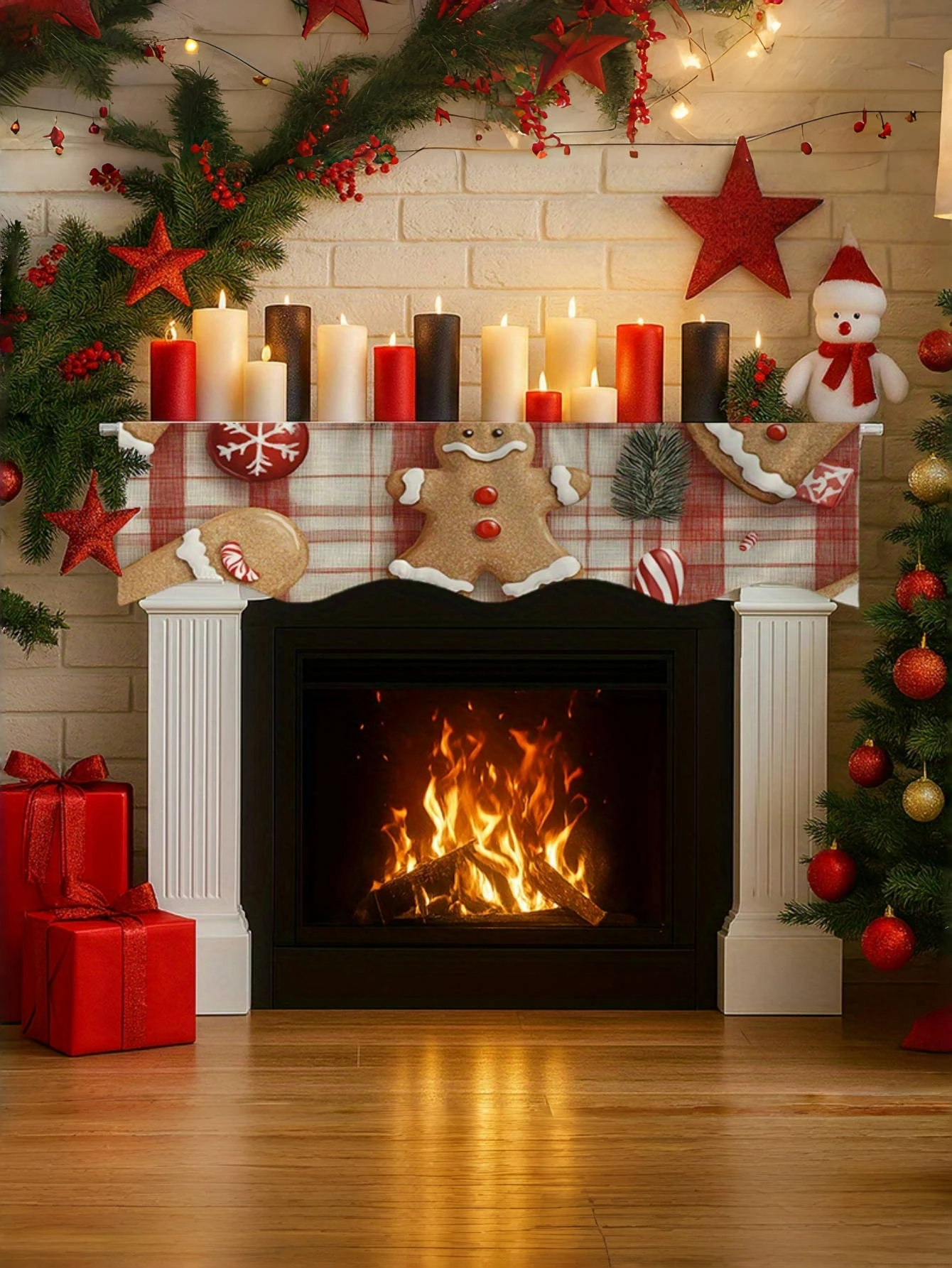 1 pcs Christmas Fireplace Scarf - with Christmas gingerbread man elements, it is your perfect holiday decoration