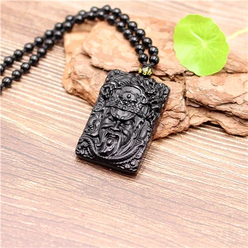 Natural Black Green Chinese Jade Guanyu Carving Flower Pendant Necklace Jewelry Fashion Carved Amulet Gifts Sweater Chain