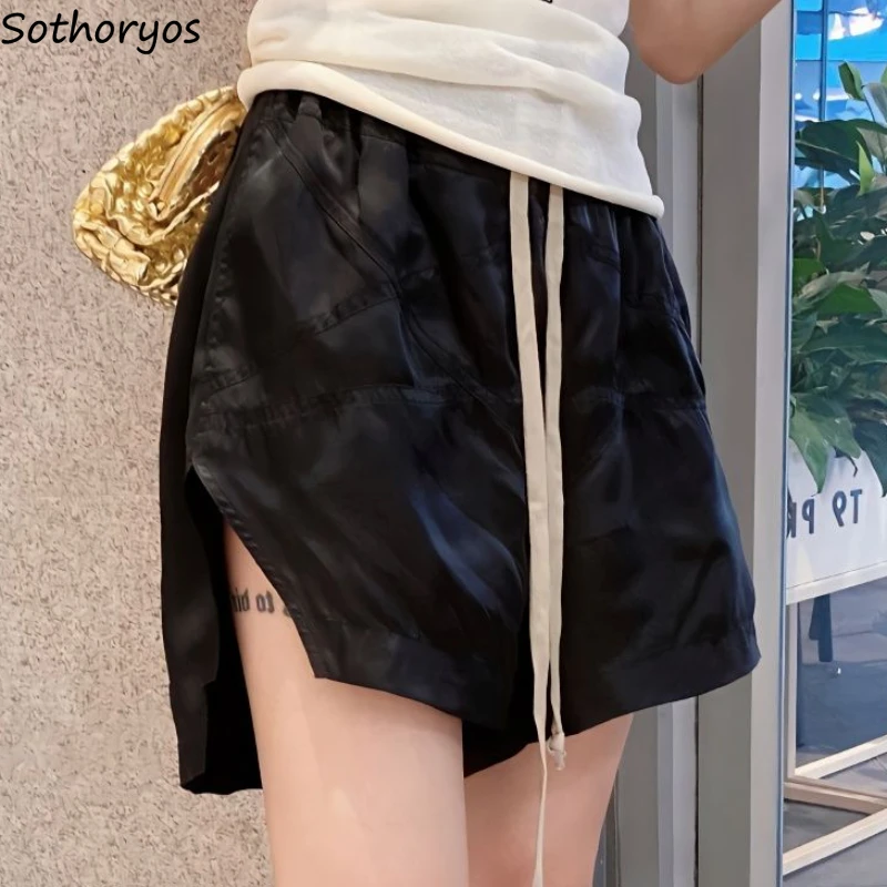 

Black S-4XL Shorts Women Side-slit Design Summer Casual Drawstring Simple All-match High Waist Fashion Korean Style Baggy Daily