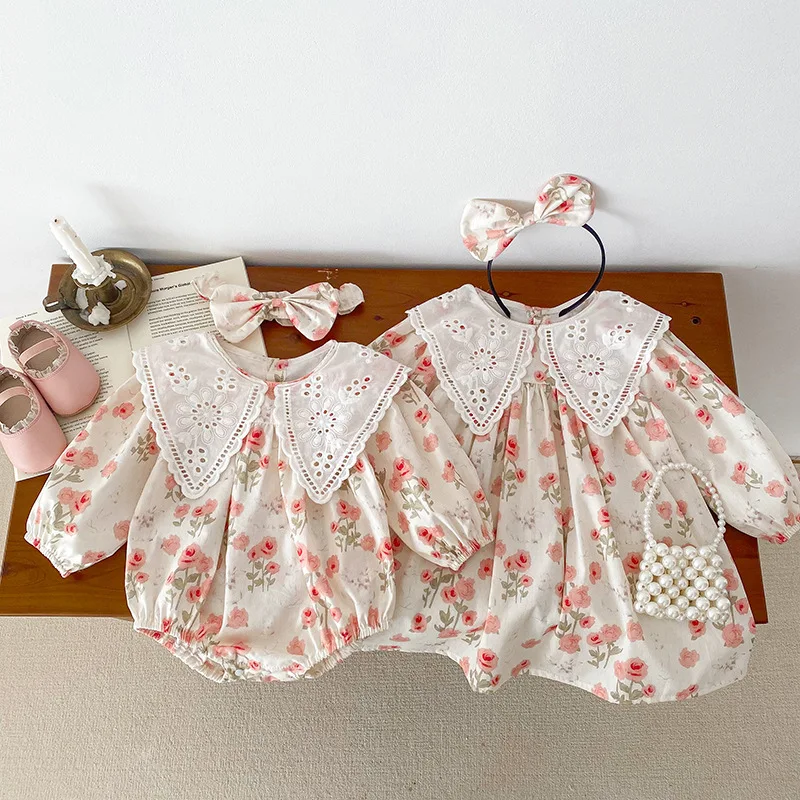 2025 New Korean Style Baby Girl Bodysuit Long Sleeve Romper Cute Sister Matching Outfits Soft Cotton 0-24 Months Kids Dresses